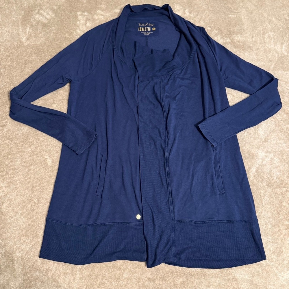 Lilly Pulitzer Luxletic Navy Blue Modal Wrap Cardigan Sweater Pockets Small